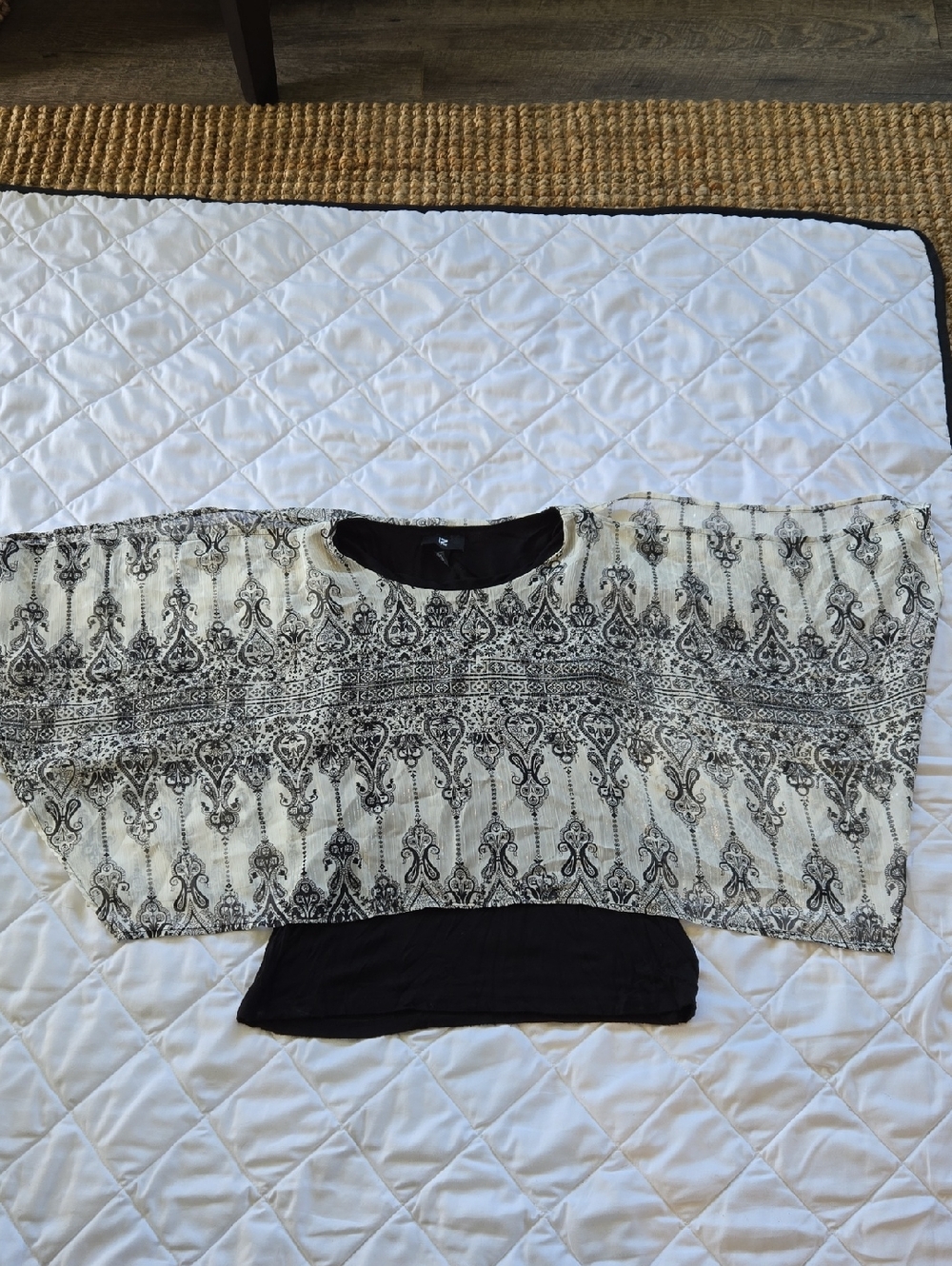 Iz Byer Black and Light Gray Printed Overlay Sweater